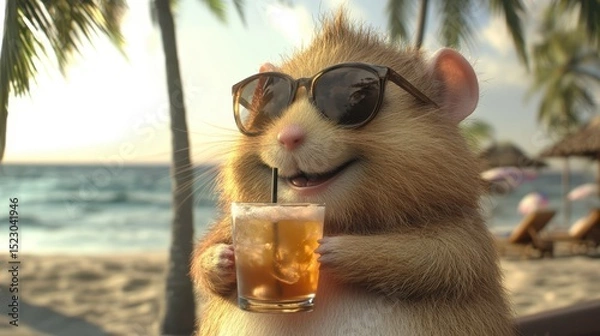 Obraz Cool Hamster Sipping Tropical Drink on Beach with Sunglasses Enjoying Sunshine