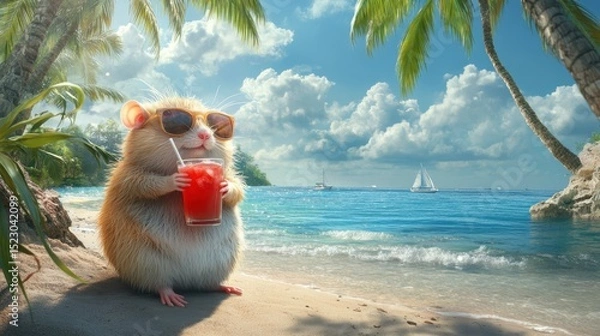 Obraz Hamster with Drink Enjoying Beach Vacation under Palm Trees and Sunshine