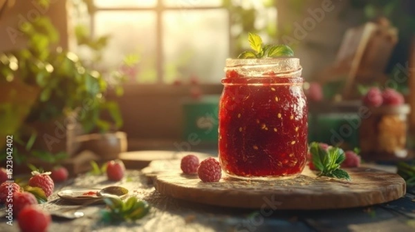 Obraz Sweet Raspberry Jam Jar. Homemade Delicious Raspberry Flavor Sweetness in Every Spoonful Freshness