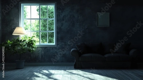 Obraz Atmospheric Interior. Sofa, Window, Plant, and Soft Light Creating Comfort and Peaceful Ambiance.