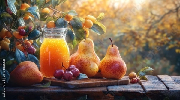 Obraz Pears Juice on Table. Fresh Fruit Delight in Golden Light, Refreshing, Vibrant