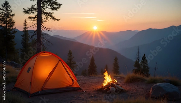 Fototapeta Camping tent by a campfire with a sunset view in the mountains