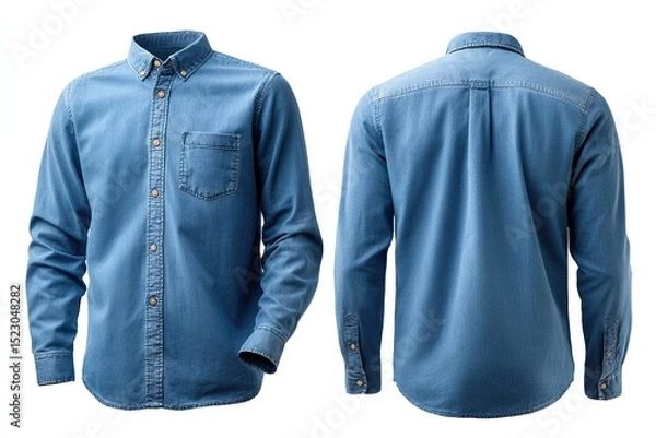 Fototapeta Denim shirt with long sleeves and button closure, front and back views isolated