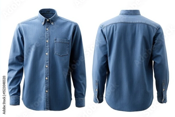 Fototapeta Blue denim long-sleeved shirt shown from the front and back on a white background.