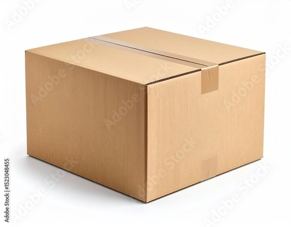 Fototapeta Sealed corrugated box for shipping, storage, or moving on a solid white background.