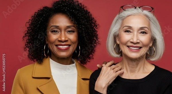 Obraz Smiling senior Black and Asian women in stylish coats posing together on red background