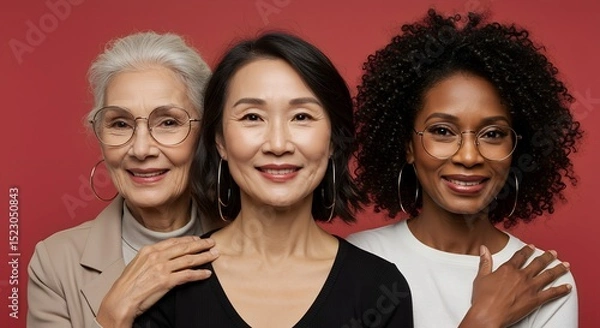 Obraz Multigenerational portrait of senior Asian and Black women smiling on red background, expressing unity and joy