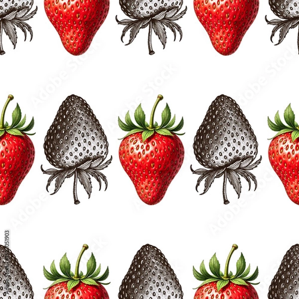 Fototapeta Seamless Pattern with Realistic and Hand-Drawn Graphic Vintage Strawberries.  