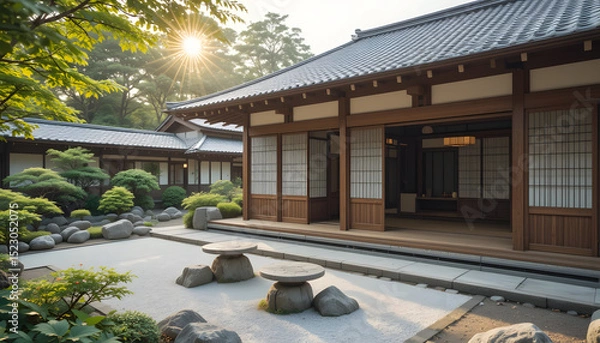 Fototapeta Authentic Traditional Japanese Wooden House with Sliding Shoji Doors and Zen Garden in Morning Light