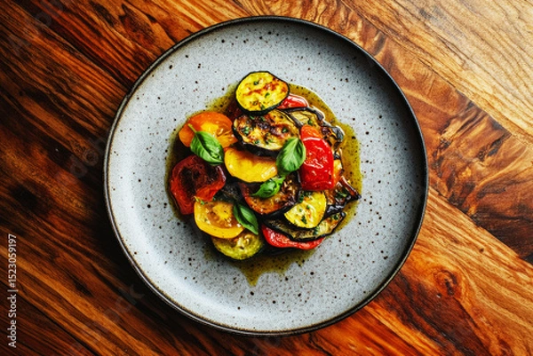 Fototapeta A colorful ratatouille presents an array of sliced vegetables, including zucchini and bell peppers, arranged artfully in a rustic bowl. Fresh herbs enhance the dish