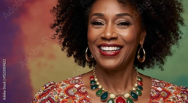 Obraz Stylish Black woman in vibrant multicolored outfit with bold round glasses and earrings, smiling confidently against polka dot backdrop Copy space