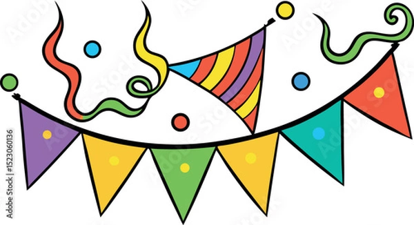 Obraz Realistic ribbon on yellow backdrop. Happy carnival. Confetti festive colorful carnival illustration. Celebrate background.