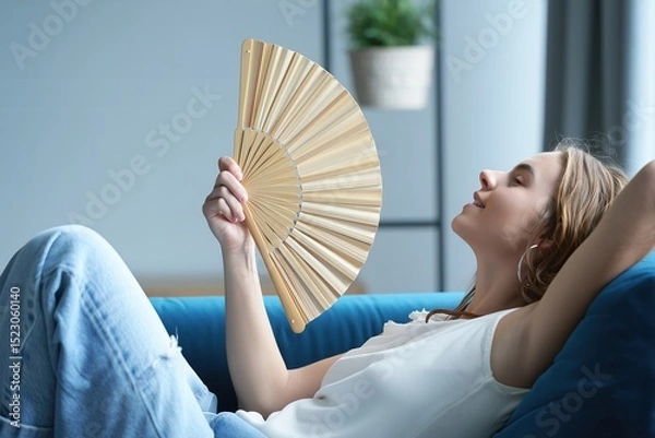 Obraz A young woman lies back on a couch, using a wooden folding fan to cool herself, conveying heat relief and relaxation in a casual indoor setting.