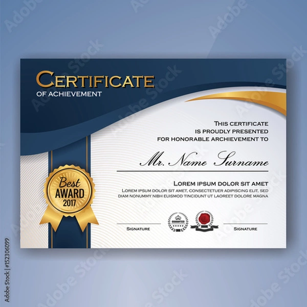 Fototapeta Blue and white elegant certificate of achievement template background. vector illustration