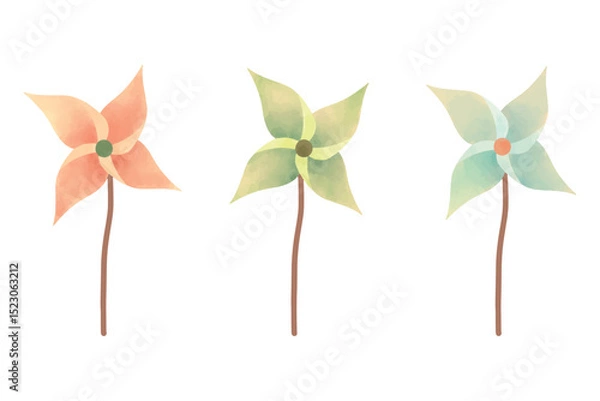 Fototapeta Beautiful colorful pinwheel kid toy watercolor illustration style collection set. Vector paper windmill icon cartoon isolated. 