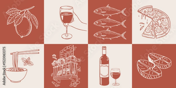 Fototapeta Collection of hand drawn posters with Italian food and summer elements. Pasta, seafood, pizza, lemons and wine. Mediterranean set. Sketch illustration.