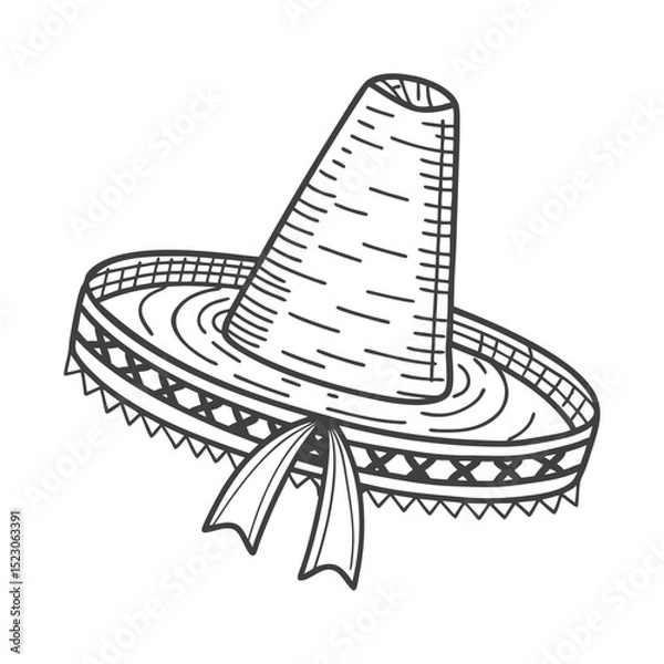 Fototapeta Hand drawn monochrome mexican sombrero hat with ethnic patterns. National symbol of Mexico. Sketch illustration.