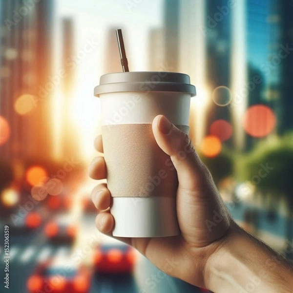 Obraz Eco-Friendly Coffee Moment Captured in Vertical Format with Clean Aesthetic and Blurred City Background in Sunlight