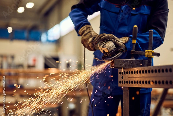 Fototapeta Worker using Power Grinder on Metal with Sparks in Industrial Workshop