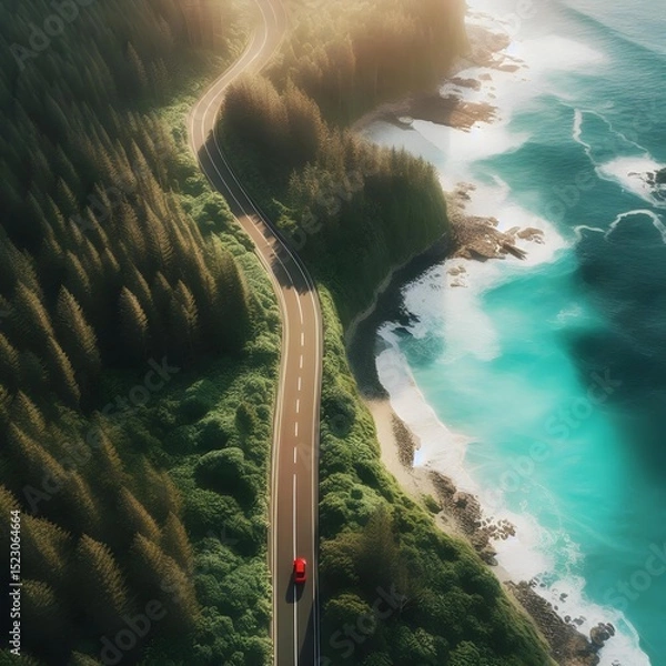 Obraz Red Car Driving Along a Coastal Forest Road with Realistic Textures, Deep Shadows, and Turquoise Ocean Views