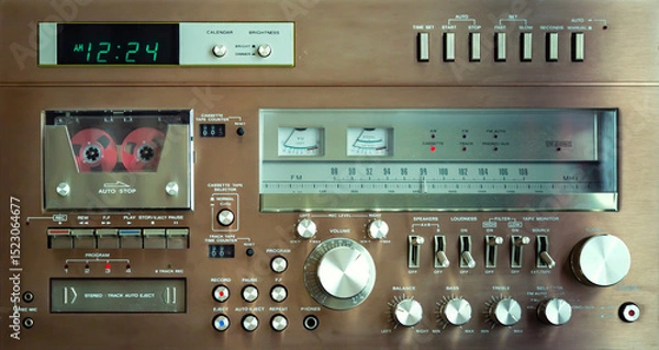 Obraz Vintage Audio Stereo Gear Setup Copper Front Panel with Multiple Controls Including Display, Knobs, Buttons, Keys, Switches.