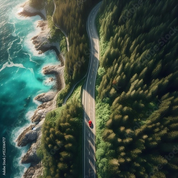 Obraz Highly Detailed Landscape Captured from Above Showing a Curving Road by the Sea with Dense Foliage and Clear Water
