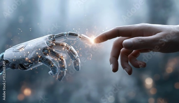 Obraz Human hand and robotic hand connecting