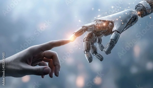 Obraz Human hand and robotic hand touching