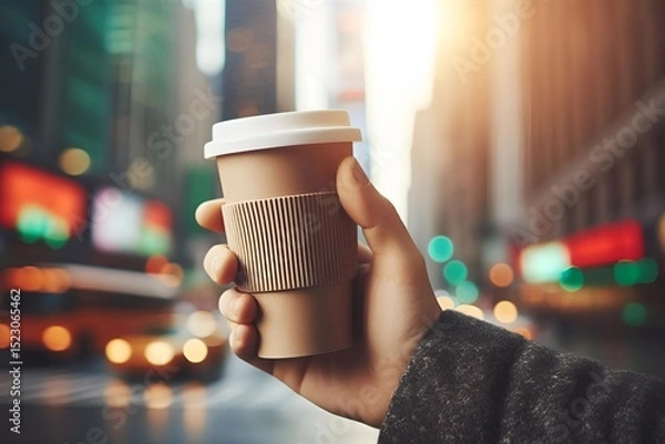 Obraz Vertical Close-Up of a Hand Holding a Reusable Coffee Cup with Soft-Focused Vibrant Cityscape and Natural Daylight