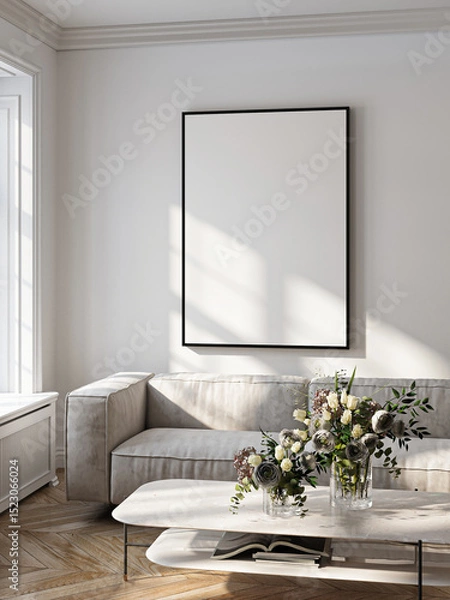 Fototapeta Frame mockup, ISO A paper size. Living room wall poster mockup. Interior mockup with house background. Modern interior design. 3D render
