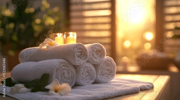 Fototapeta Soft towels stacked neatly in serene spa setting, illuminated by warm sunlight. ambiance is tranquil, enhanced by candles and delicate flowers, creating peaceful retreat