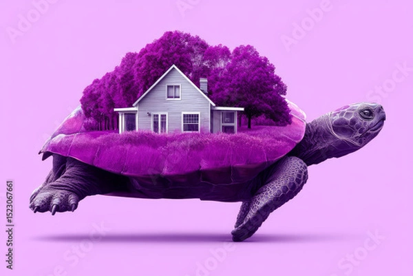 Fototapeta Whimsical turtle carries vibrant purple house on its back, surrounded by lush greenery. This imaginative scene evokes sense of tranquility and creativity, blending nature with home