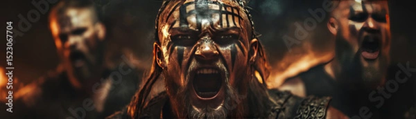 Fototapeta Fierce warriors with tribal face paint express intense emotions in dramatic setting, showcasing strength and power. fiery background enhances energy of scene