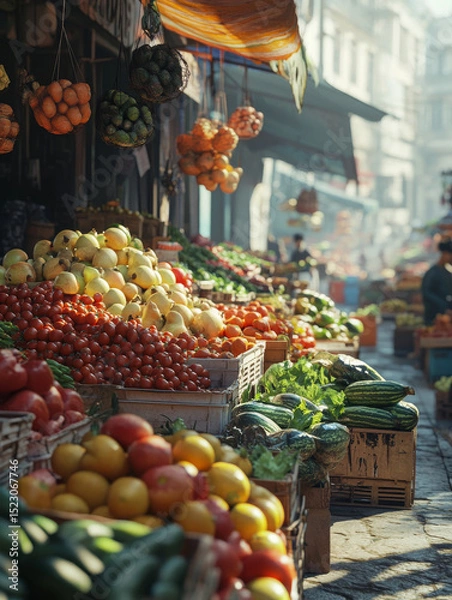 Fototapeta Vibrant local street market scene filled with colorful fruits and vegetables, showcasing fresh produce in wooden crates. atmosphere is lively and bustling, inviting shoppers to explore