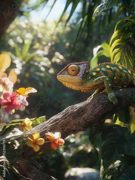 Fototapeta Vibrant chameleon rests on branch surrounded by colorful flowers in lush jungle setting, showcasing its unique colors and textures. sunlight filters through leaves, creating serene atmosphere