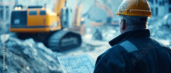 Fototapeta Construction manager reviews plans on job site, wearing hard hat and observing heavy machinery in background. scene conveys focus and professionalism in construction management