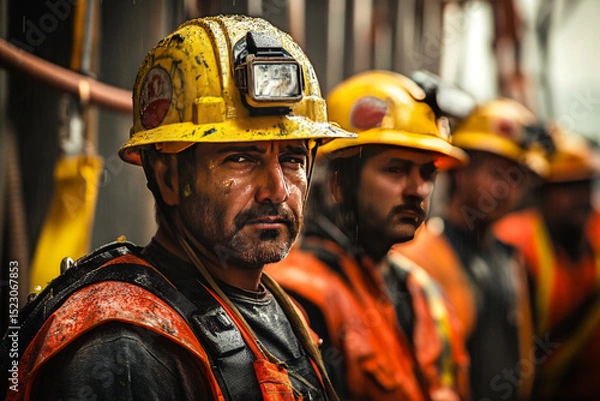 Fototapeta Intense construction workers in hard hats display determination and focus amidst rainy backdrop. Their expressions reflect challenges of their demanding job, showcasing resilience and teamwork