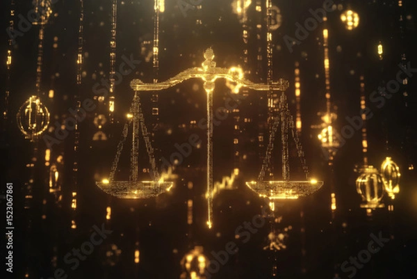 Fototapeta Digital illustration featuring glowing scale symbolizing justice, surrounded by cascade of golden symbols and numbers, creating futuristic and abstract atmosphere. image evokes sense of balance