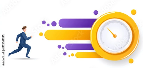 Fototapeta Dynamic illustration showcasing man in suit running towards clock, symbolizing urgency and time management. vibrant colors and motion lines enhance sense of speed and efficiency