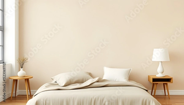 Fototapeta "Create a stylish bedroom or reception area featuring an elegant abstract linen-textured wallpaper in warm beige, soft sepia, and creamy tones.", simple style. White tone