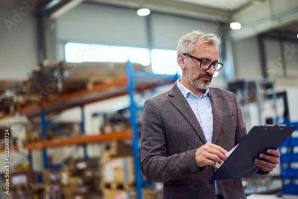 Fototapeta Professional Warehouse Manager Reviewing Documents in a Logistic Environment