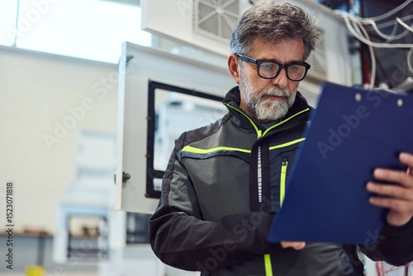 Fototapeta Engineer Reviewing Technical Document in Industrial Work Environment