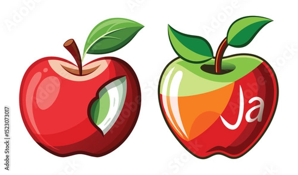 Fototapeta Photo of a vibrant red apple, partially bitten, sits beside a glossy red and orange apple with ja inscribed, isolated on white background