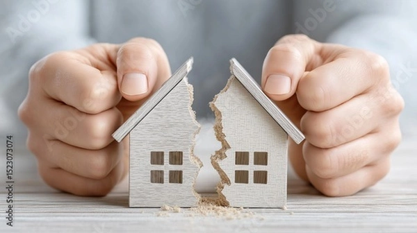 Obraz Hands Destroy A Wooden House Concept Broken Home Represents Difficult Division