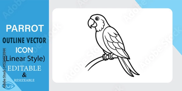 Obraz Linear style vector icon of a parrot perched on a branch. Black outline, simple design, editable and resizable.