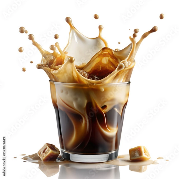 Fototapeta Dynamic Close Up Of Transparent Cup Filled With Iced Coffee