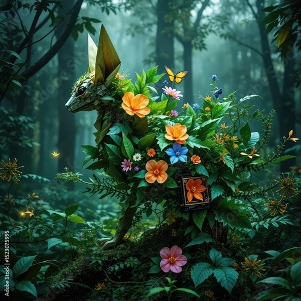Obraz Fantasy Forest Creature Made of Flowers and Leaves with Futuristic Elements, sustainability images
