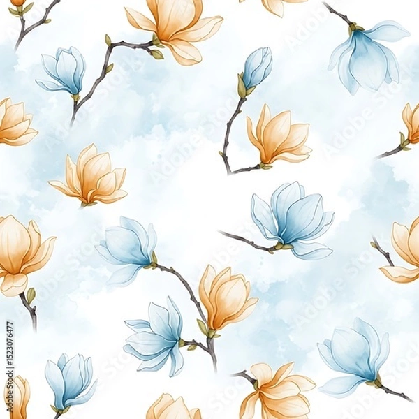 Fototapeta Watercolor magnolia flower pattern seamless floral background spring blossom elegant design textile wallpaper art
