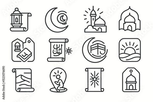 Fototapeta Collection of islamic icons: mosque, crescent moon, prayer, lantern, quran scrolls
