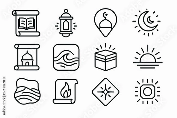Fototapeta Islamic icon set featuring mosque, lantern, crescent moon, and more